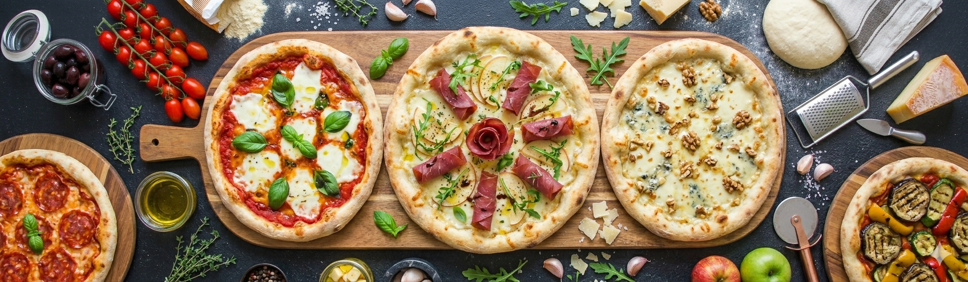 Tagliere con tre pizze sottili e ingredienti freschi alla Pizzeria Trattoria King a Borgo San Giovanni (LO)
