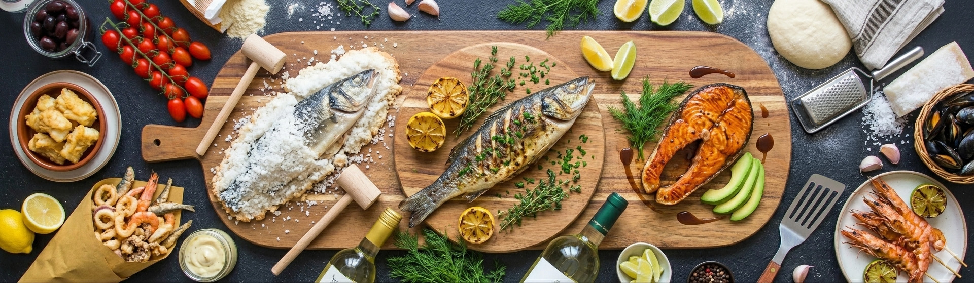 Tagliere con tre secondi di pesce, cucina di mare della Pizzeria Trattoria King a Borgo San Giovanni (LO)